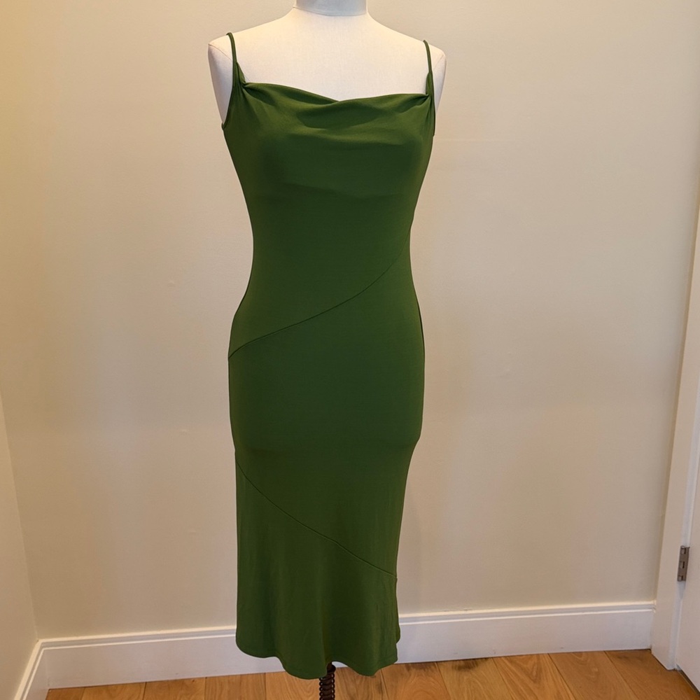 Hugo Buscati Olive Green Spaghetti Strap Midi Dress